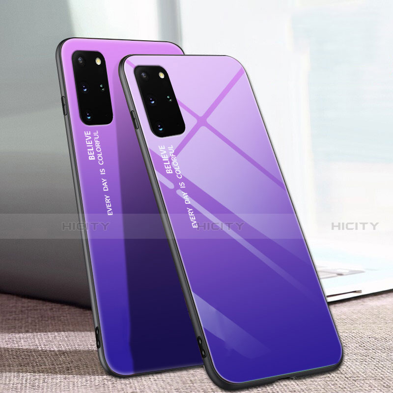 Coque Rebord Contour Silicone et Vitre Miroir Housse Etui Degrade Arc en Ciel pour Samsung Galaxy S20 Plus 5G Violet Plus
