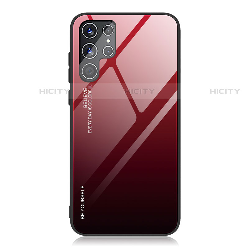 Coque Rebord Contour Silicone et Vitre Miroir Housse Etui Degrade Arc en Ciel pour Samsung Galaxy S23 Ultra 5G Rouge Plus