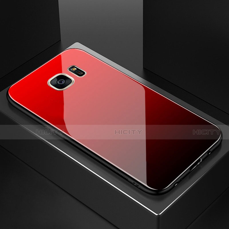 Coque Rebord Contour Silicone et Vitre Miroir Housse Etui Degrade Arc en Ciel pour Samsung Galaxy S7 Edge G935F Rouge Plus
