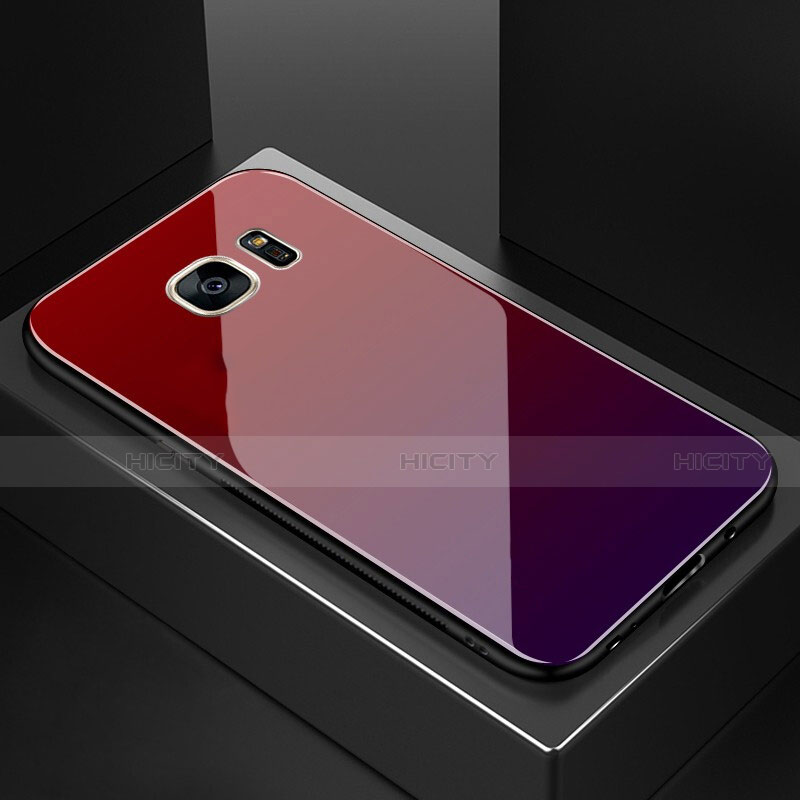 Coque Rebord Contour Silicone et Vitre Miroir Housse Etui Degrade Arc en Ciel pour Samsung Galaxy S7 Edge G935F Rouge et Noir Plus