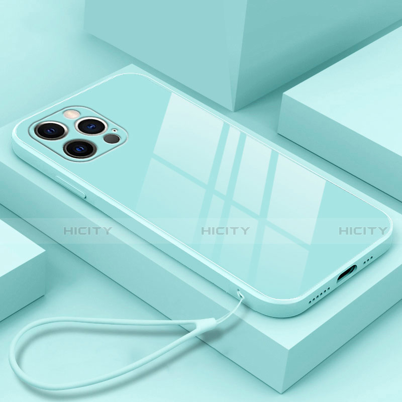 Coque Rebord Contour Silicone et Vitre Miroir Housse Etui M09 pour Apple iPhone 14 Pro Bleu Ciel Plus