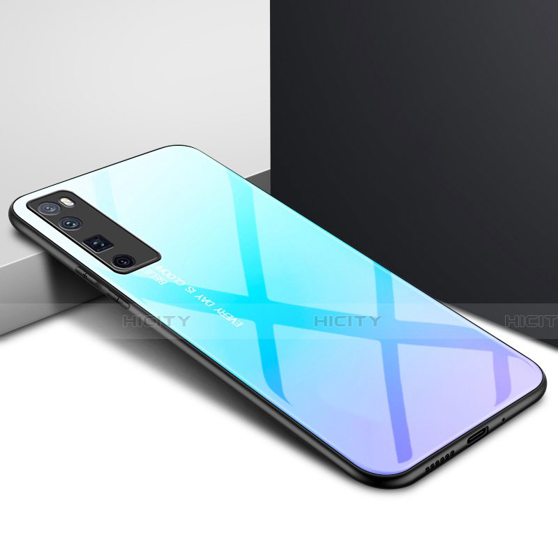 Coque Rebord Contour Silicone et Vitre Miroir Housse Etui pour Huawei Nova 7 Pro 5G Bleu Ciel Plus