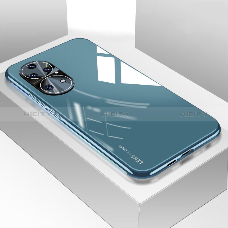 Coque Rebord Contour Silicone et Vitre Miroir Housse Etui pour Huawei P50 Pro Bleu Plus