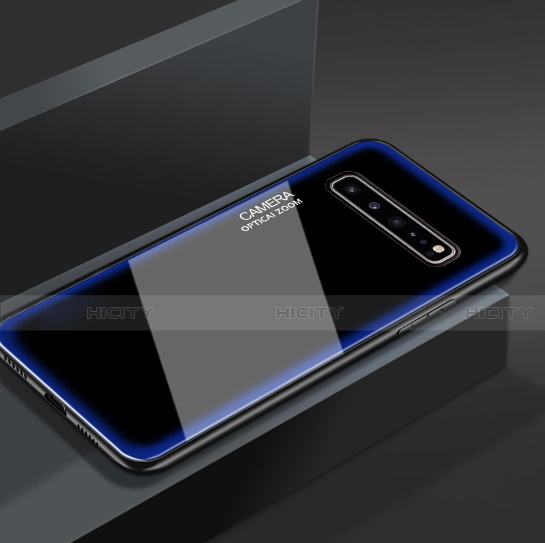 Coque Rebord Contour Silicone et Vitre Miroir Housse Etui pour Samsung Galaxy S10 5G SM-G977B Bleu Plus