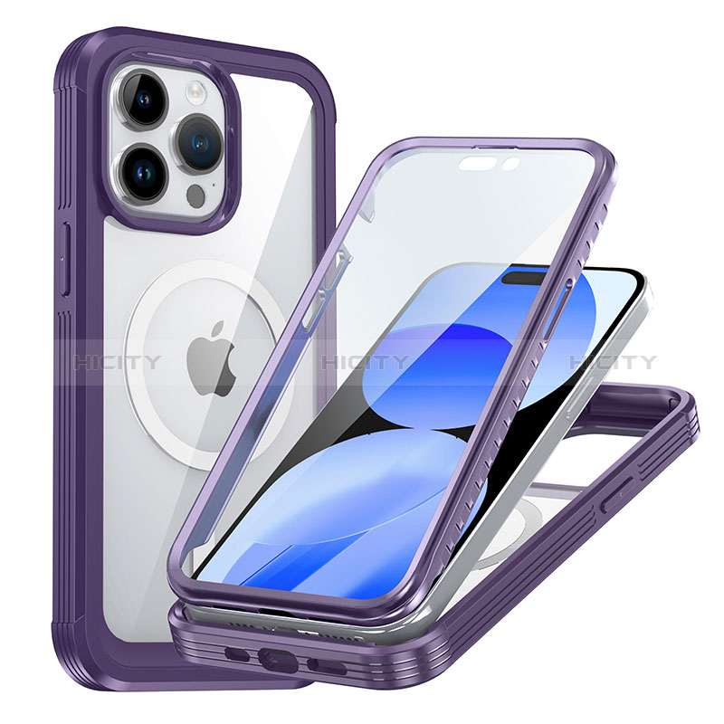 Coque Rebord Contour Silicone et Vitre Transparente Housse Etui 360 Degres avec Mag-Safe Magnetic Magnetique AC1 pour Apple iPhone 15 Pro Violet Plus