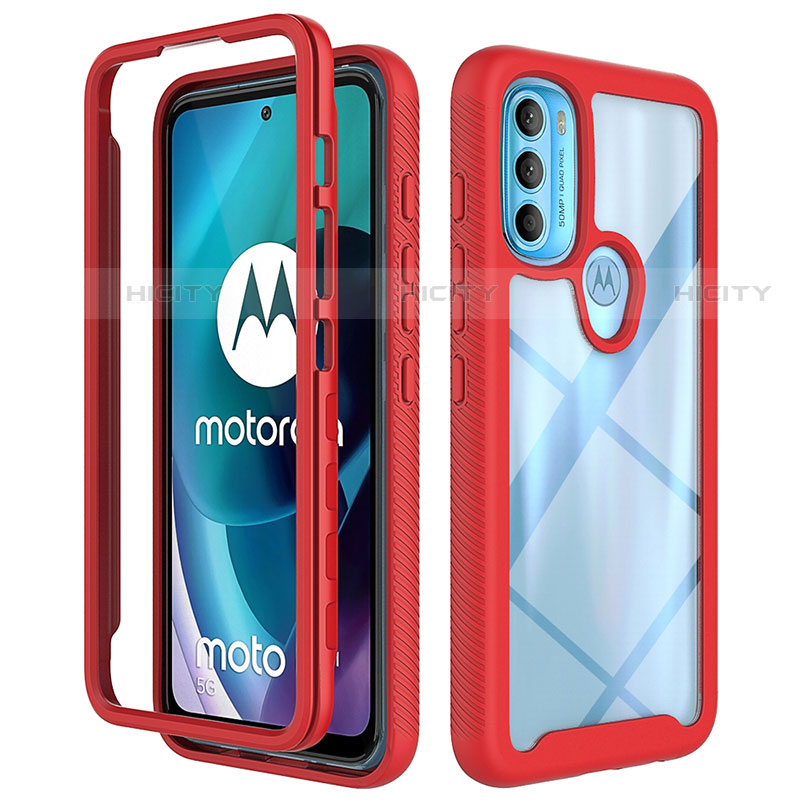 Coque Rebord Contour Silicone et Vitre Transparente Housse Etui 360 Degres pour Motorola Moto G71 5G Rouge Plus