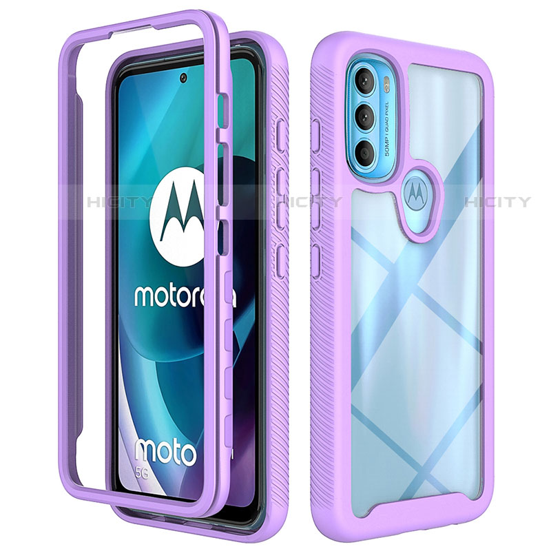 Coque Rebord Contour Silicone et Vitre Transparente Housse Etui 360 Degres pour Motorola Moto G71 5G Violet Plus