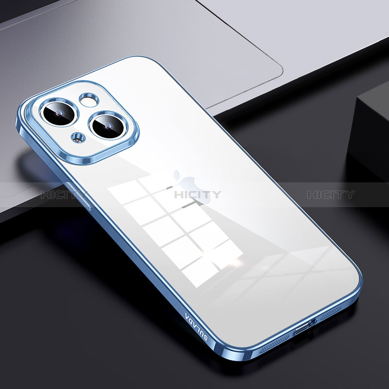 Coque Rebord Contour Silicone et Vitre Transparente Housse Etui LD2 pour Apple iPhone 14 Bleu Ciel Plus
