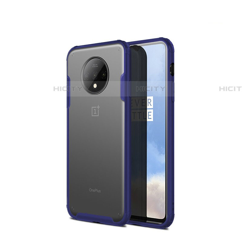 Coque Rebord Contour Silicone et Vitre Transparente Miroir Housse Etui H01 pour OnePlus 7T Bleu Plus