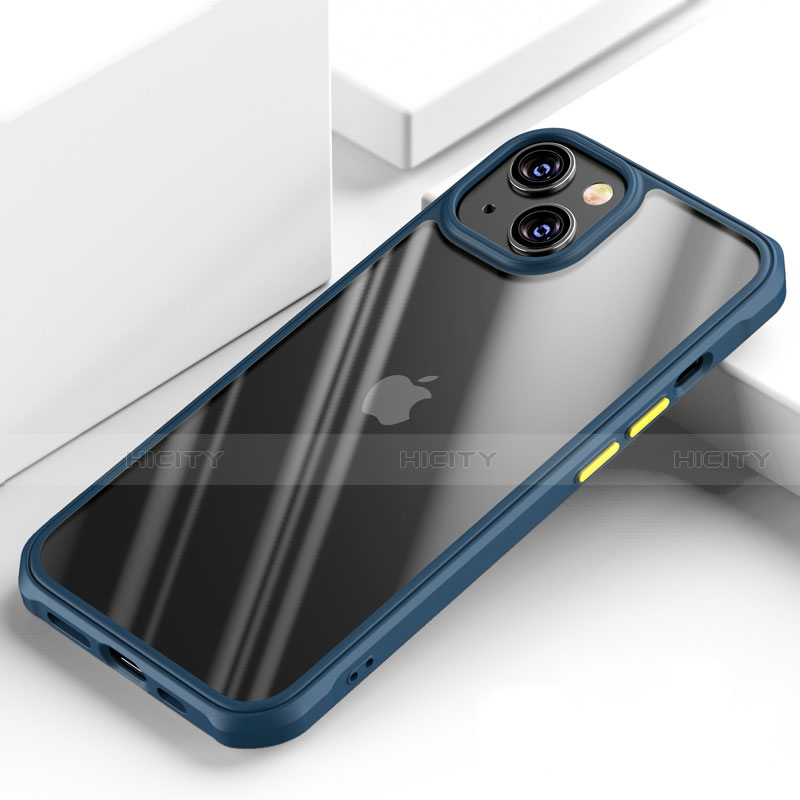 Coque Rebord Contour Silicone et Vitre Transparente Miroir Housse Etui M03 pour Apple iPhone 14 Bleu Plus