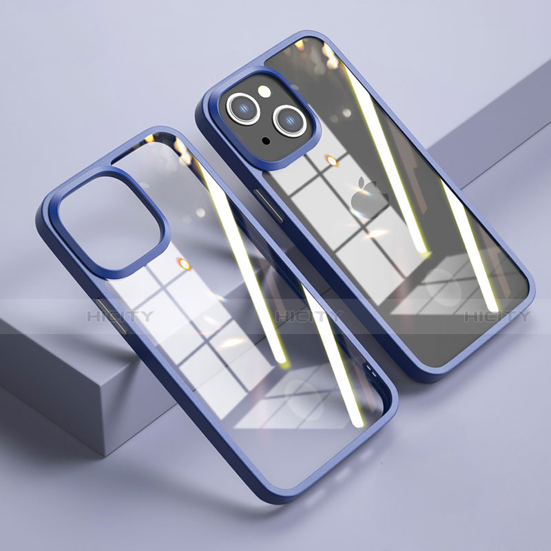 Coque Rebord Contour Silicone et Vitre Transparente Miroir Housse Etui M04 pour Apple iPhone 14 Bleu Royal Plus