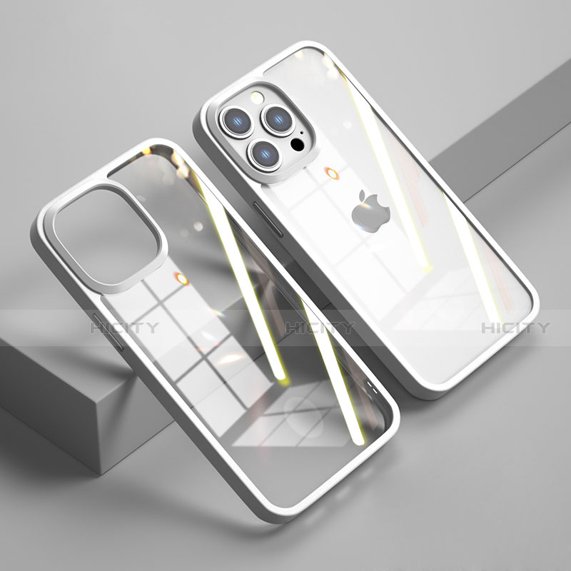 Coque Rebord Contour Silicone et Vitre Transparente Miroir Housse Etui M04 pour Apple iPhone 14 Pro Blanc Plus