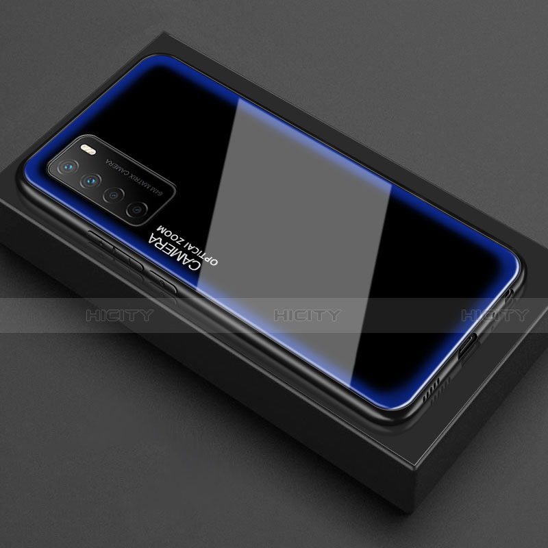 Coque Rebord Contour Silicone et Vitre Transparente Miroir Housse Etui pour Huawei Honor Play4 5G Bleu Plus