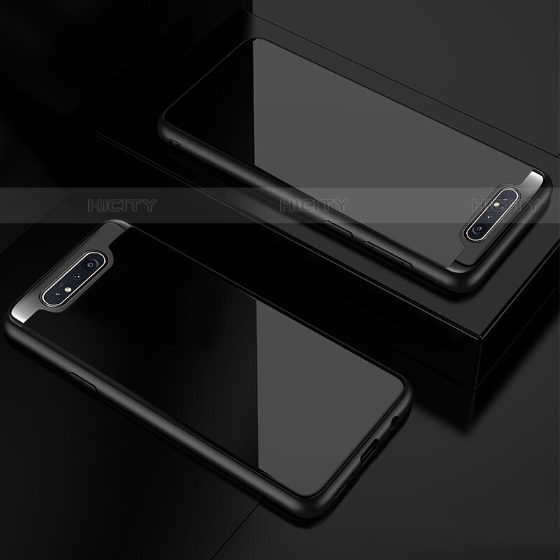 Coque Rebord Contour Silicone et Vitre Transparente Miroir Housse Etui pour Samsung Galaxy A80 Noir Plus