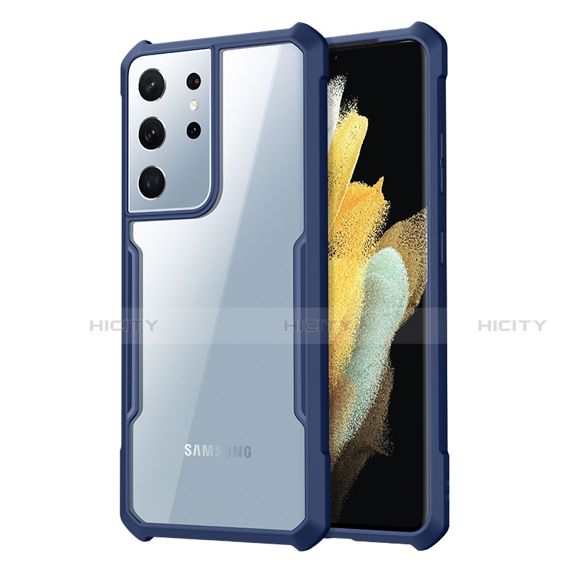 Coque Rebord Contour Silicone et Vitre Transparente Miroir Housse Etui pour  Samsung Galaxy S21 Ultra 5G Bleu