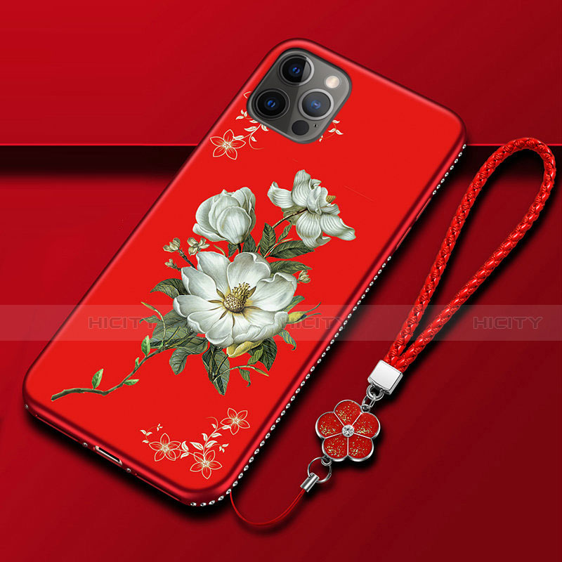 Coque Silicone Fleurs Souple Couleur Unie Etui Housse pour Apple iPhone 12 Pro Max Rouge Plus