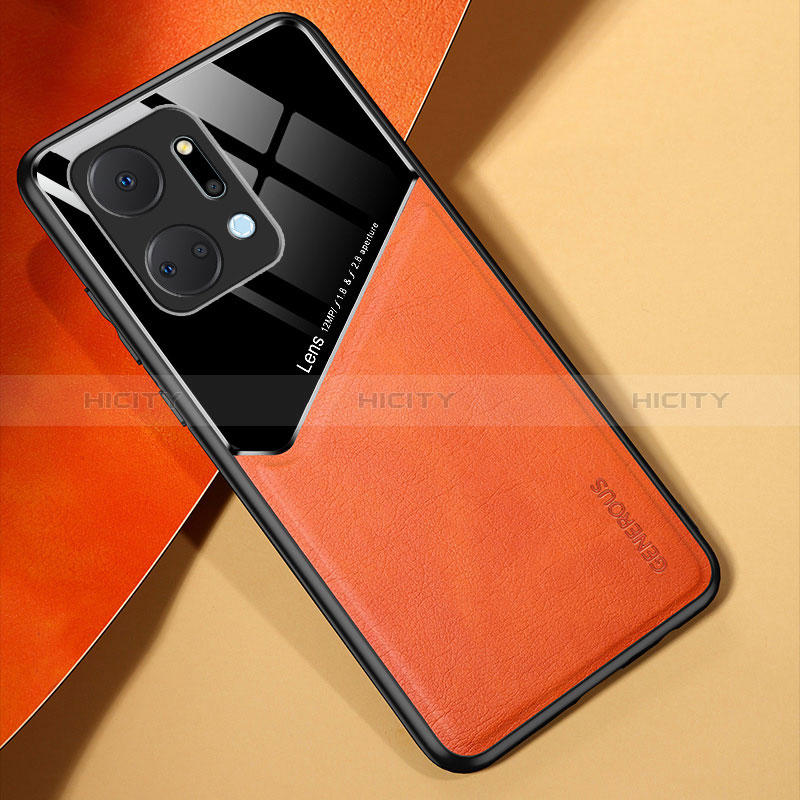 Coque Silicone Gel Motif Cuir Housse Etui avec Magnetique pour Huawei Honor X7a Orange Plus