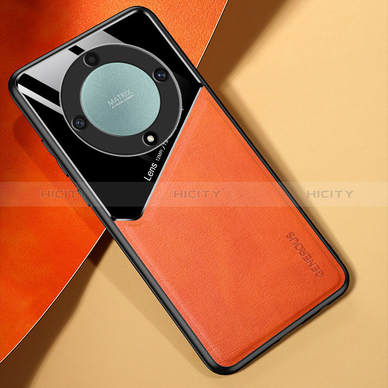 Coque Silicone Gel Motif Cuir Housse Etui avec Magnetique pour Huawei Honor X9b 5G Orange Plus