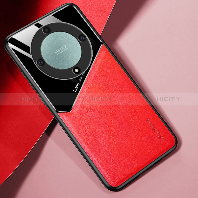Coque Silicone Gel Motif Cuir Housse Etui avec Magnetique pour Huawei Honor X9b 5G Rouge Plus