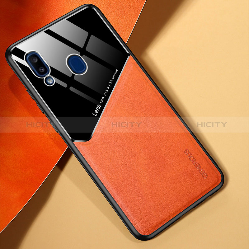 Coque Silicone Gel Motif Cuir Housse Etui avec Magnetique pour Samsung Galaxy A20e Orange Plus