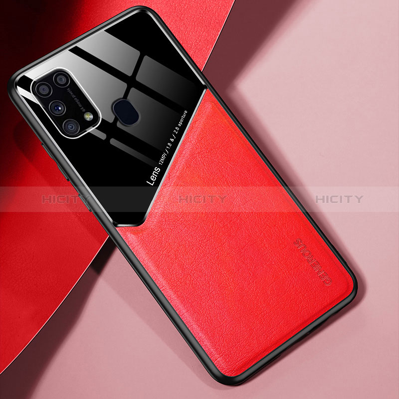 Coque Silicone Gel Motif Cuir Housse Etui avec Magnetique pour Samsung Galaxy M21s Rouge Plus
