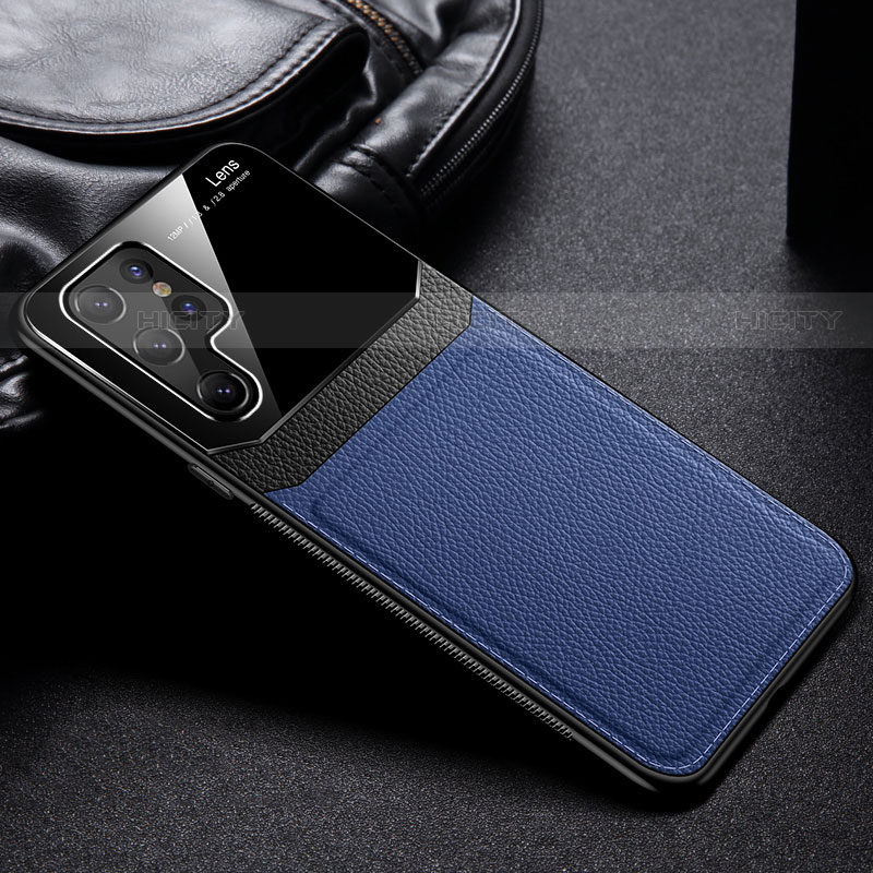 Coque Silicone Gel Motif Cuir Housse Etui avec Magnetique pour Samsung Galaxy S22 Ultra 5G Bleu Plus