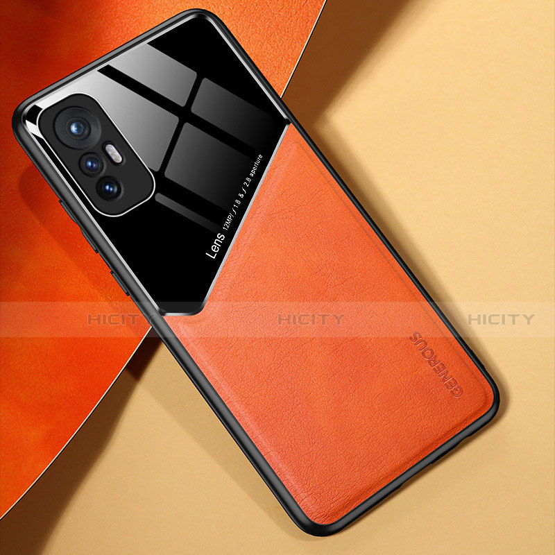 Coque Silicone Gel Motif Cuir Housse Etui avec Magnetique S02 pour Xiaomi Mi 12 5G Orange Plus