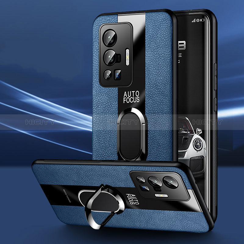 Coque Silicone Gel Motif Cuir Housse Etui avec Support Bague Anneau Aimante Magnetique PB1 pour Vivo X70 Pro 5G Bleu Plus