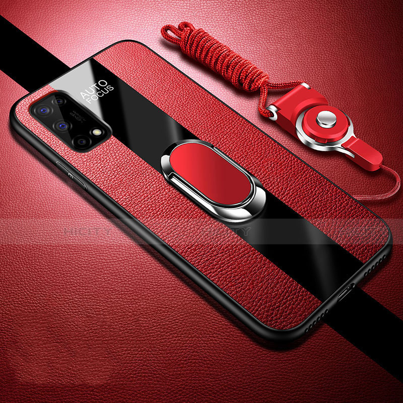 Coque Silicone Gel Motif Cuir Housse Etui avec Support Bague Anneau Aimante Magnetique pour Realme Narzo 30 Pro 5G Rouge Plus