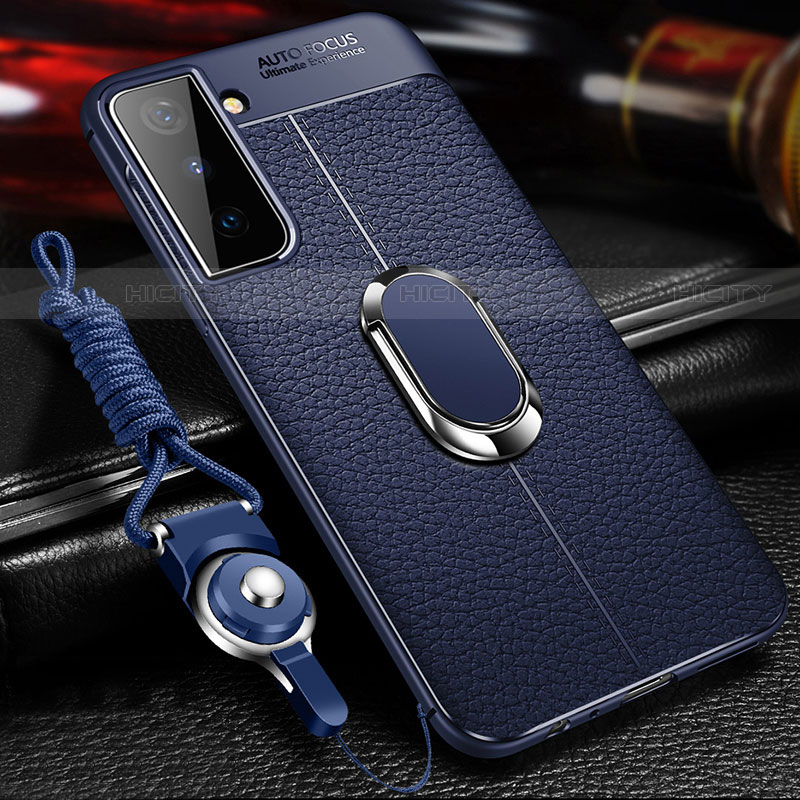 Coque Silicone Gel Motif Cuir Housse Etui avec Support Bague Anneau Aimante Magnetique pour Samsung Galaxy S23 5G Bleu Plus