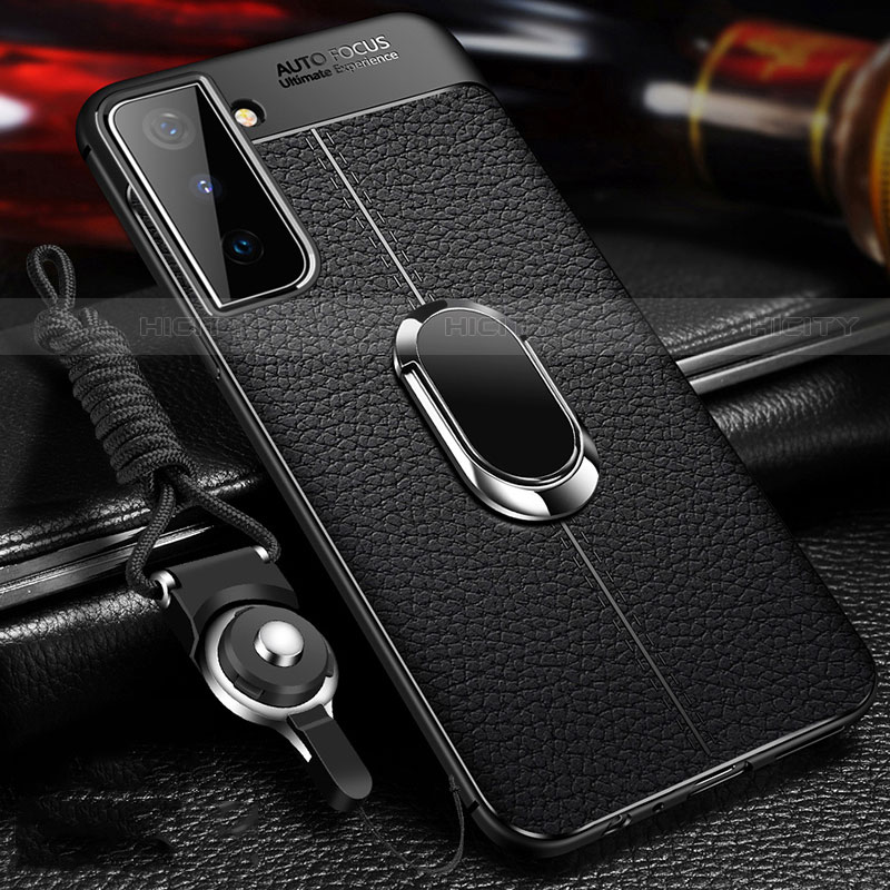 Coque Silicone Gel Motif Cuir Housse Etui avec Support Bague Anneau Aimante Magnetique pour Samsung Galaxy S23 5G Noir Plus