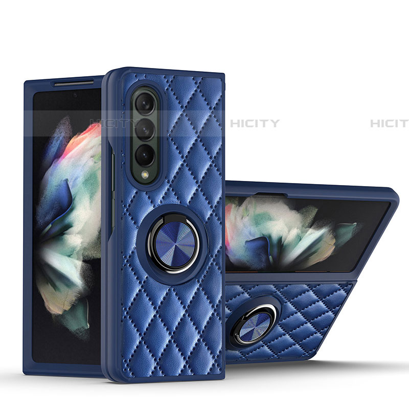 Coque Silicone Gel Motif Cuir Housse Etui avec Support Bague Anneau Aimante Magnetique pour Samsung Galaxy Z Fold4 5G Bleu Plus