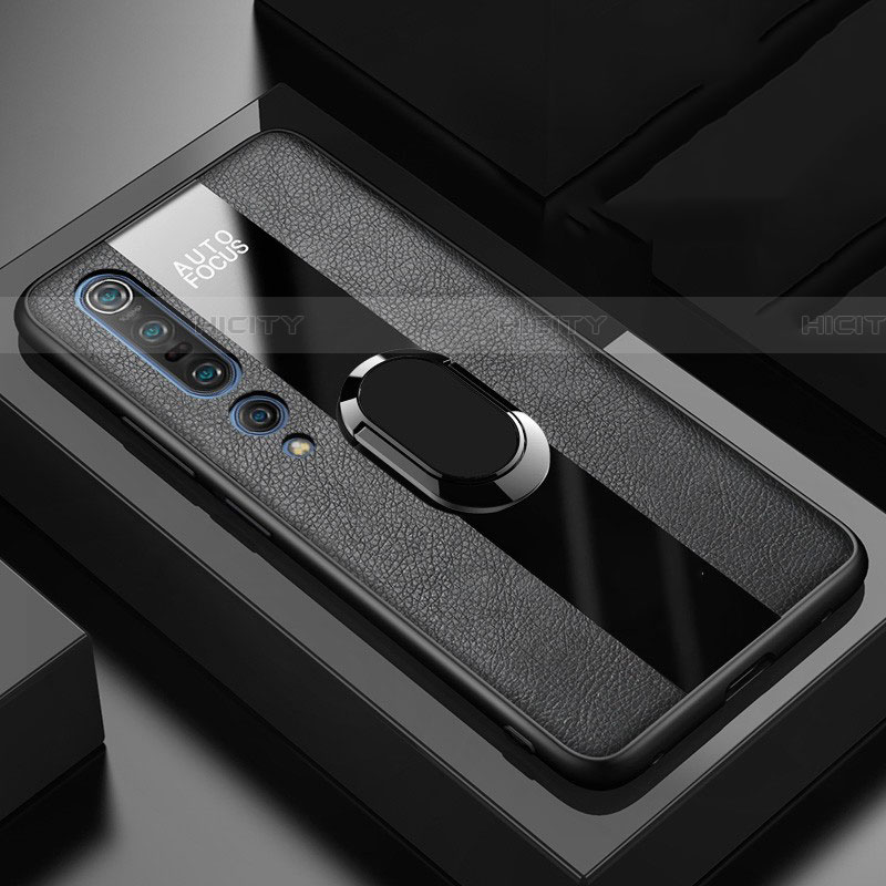 Coque Silicone Gel Motif Cuir Housse Etui avec Support Bague Anneau Aimante Magnetique pour Xiaomi Mi 10 Pro Noir Plus