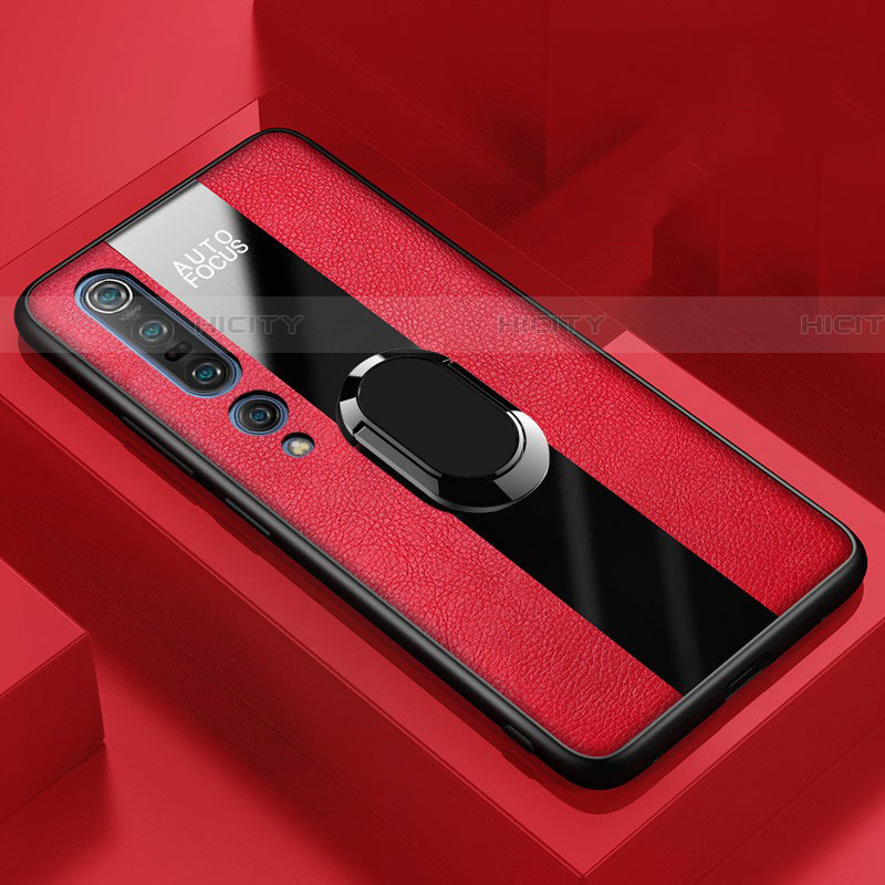 Coque Silicone Gel Motif Cuir Housse Etui avec Support Bague Anneau Aimante Magnetique pour Xiaomi Mi 10 Pro Rouge Plus