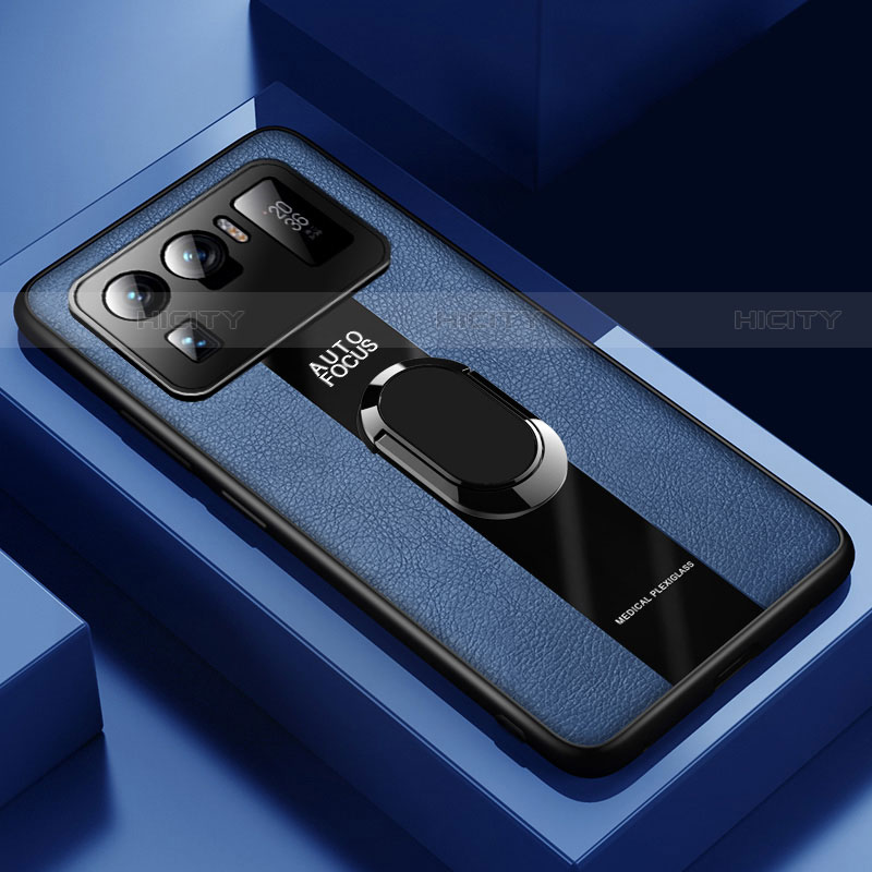 Coque Silicone Gel Motif Cuir Housse Etui avec Support Bague Anneau Aimante Magnetique pour Xiaomi Mi 11 Ultra 5G Bleu Plus