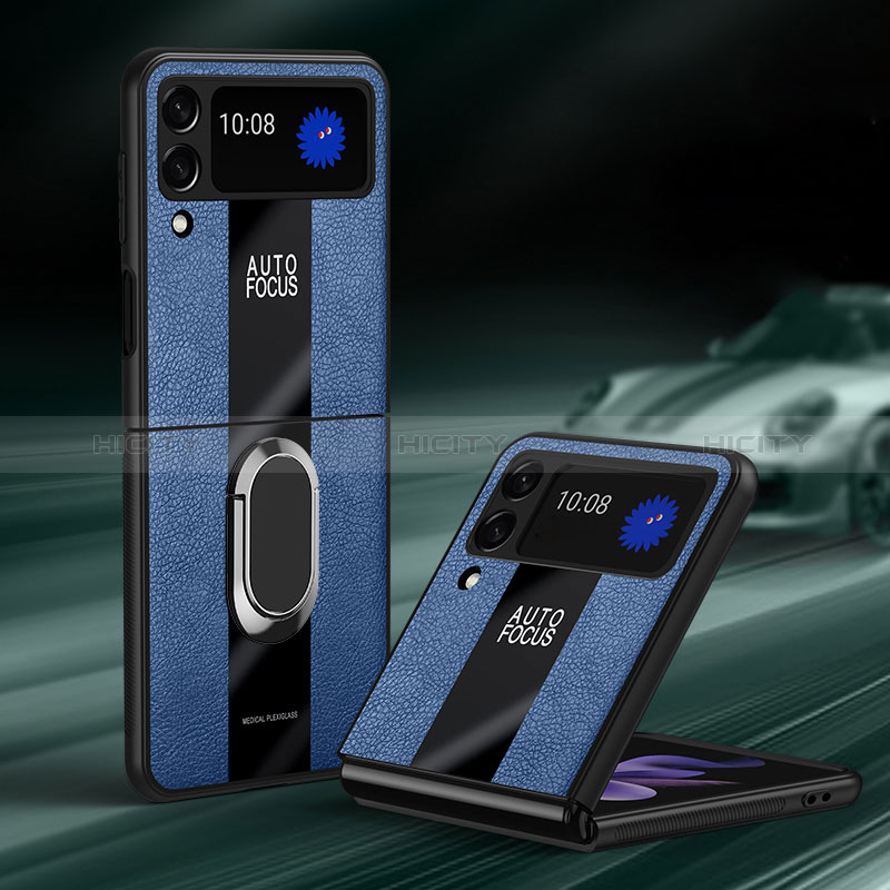 Coque Silicone Gel Motif Cuir Housse Etui avec Support Bague Anneau Aimante Magnetique S01 pour Samsung Galaxy Z Flip3 5G Bleu Plus