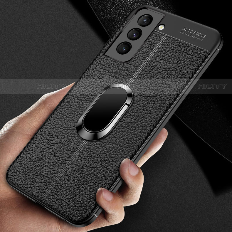 Coque Silicone Gel Motif Cuir Housse Etui avec Support Bague Anneau Aimante Magnetique S02 pour Samsung Galaxy S21 Plus 5G Plus