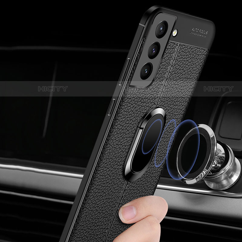 Coque Silicone Gel Motif Cuir Housse Etui avec Support Bague Anneau Aimante Magnetique S02 pour Samsung Galaxy S21 Plus 5G Plus
