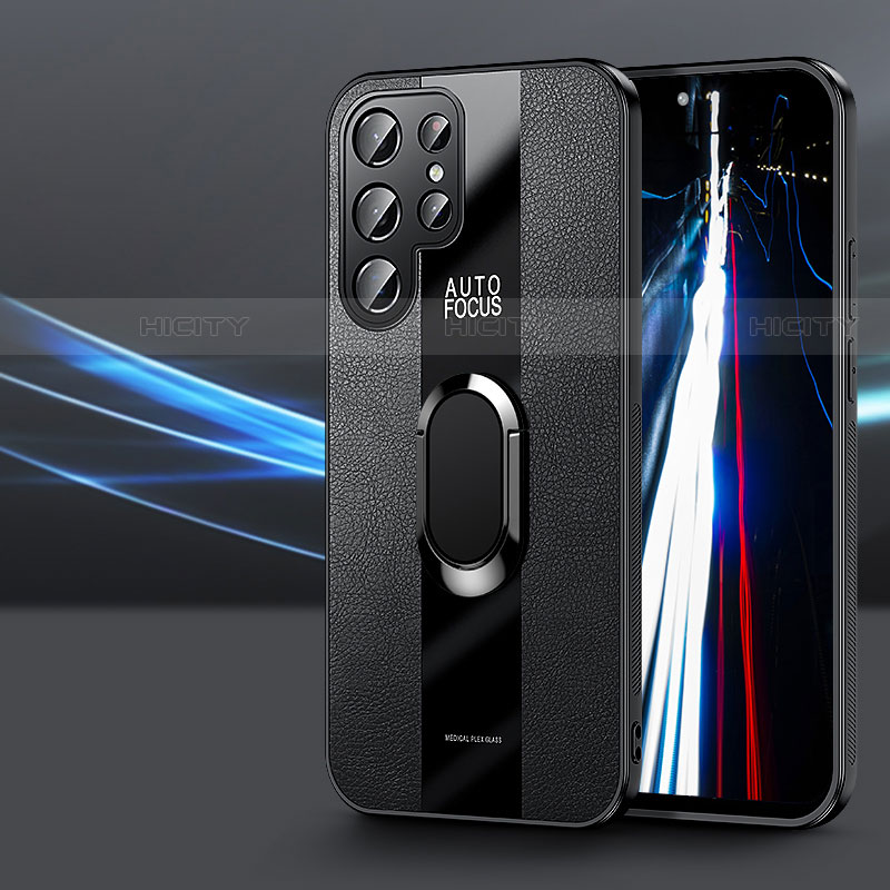 Coque Silicone Gel Motif Cuir Housse Etui avec Support Bague Anneau Aimante Magnetique S03 pour Samsung Galaxy S22 Ultra 5G Noir Plus