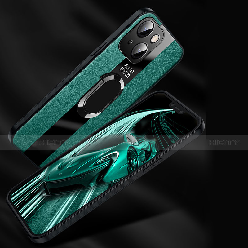 Coque Silicone Gel Motif Cuir Housse Etui avec Support Bague Anneau Aimante Magnetique S04 pour Apple iPhone 13 Mini Plus