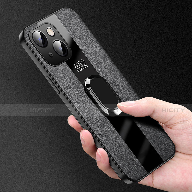 Coque Silicone Gel Motif Cuir Housse Etui avec Support Bague Anneau Aimante Magnetique S04 pour Apple iPhone 13 Mini Plus