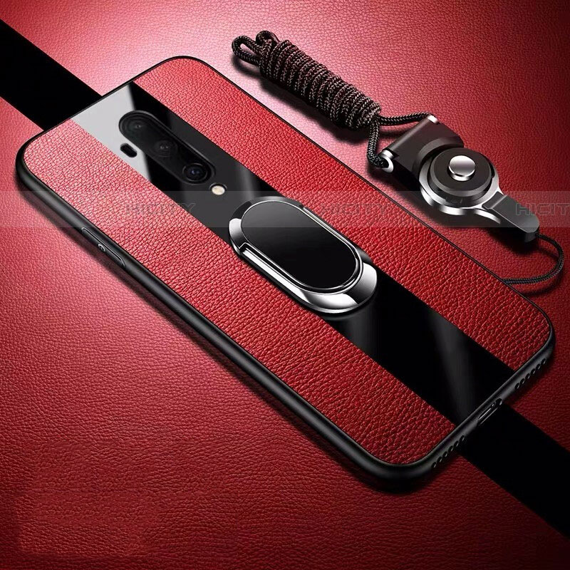 Coque Silicone Gel Motif Cuir Housse Etui avec Support Bague Anneau Aimante Magnetique T01 pour OnePlus 7T Pro Rouge Plus