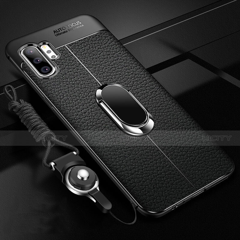 Coque Silicone Gel Motif Cuir Housse Etui avec Support Bague Anneau Aimante Magnetique T01 pour Samsung Galaxy Note 10 Plus Noir Plus