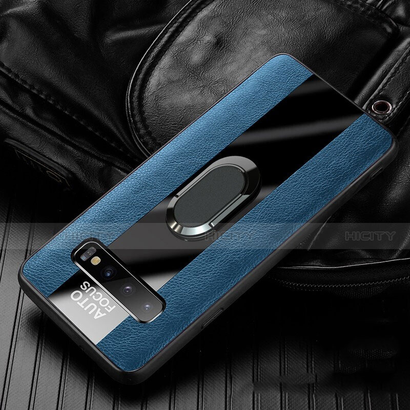 Coque Silicone Gel Motif Cuir Housse Etui avec Support Bague Anneau Aimante Magnetique T01 pour Samsung Galaxy S10 Bleu Plus