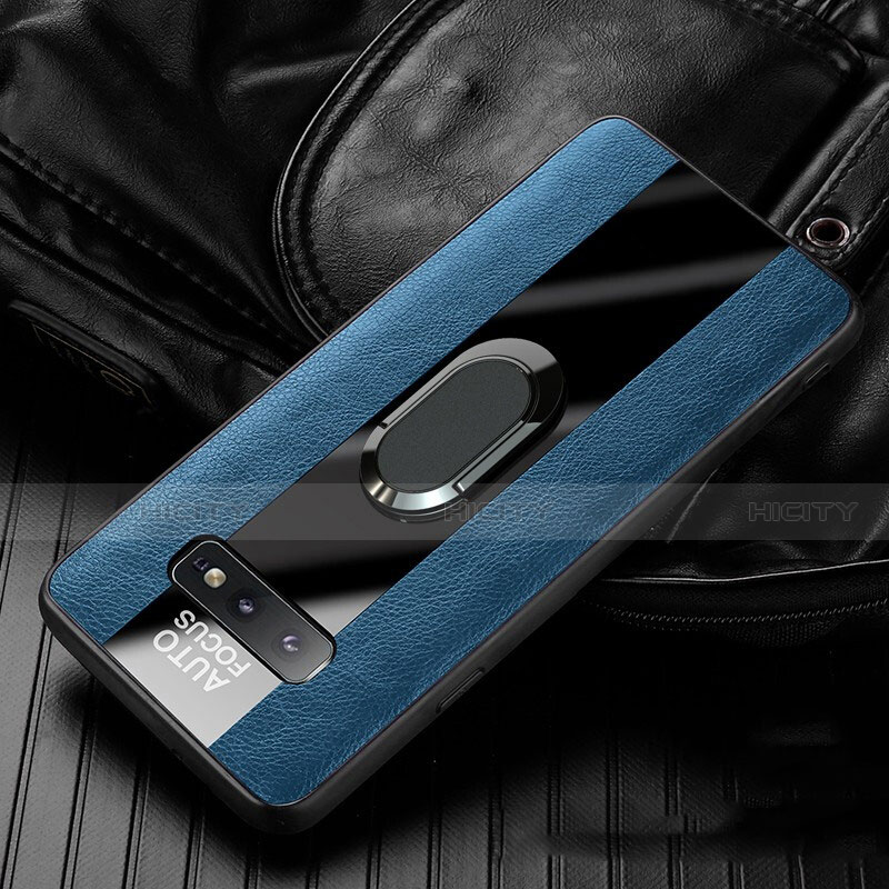 Coque Silicone Gel Motif Cuir Housse Etui avec Support Bague Anneau Aimante Magnetique T01 pour Samsung Galaxy S10e Bleu Plus