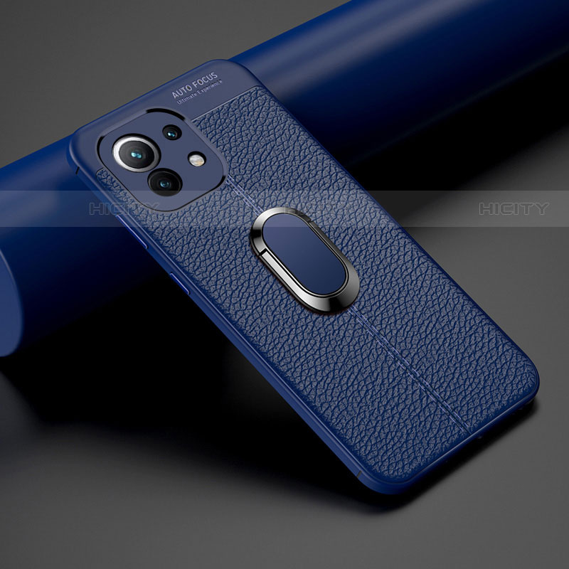 Coque Silicone Gel Motif Cuir Housse Etui avec Support Bague Anneau Aimante Magnetique T01 pour Xiaomi Mi 11 5G Bleu Plus