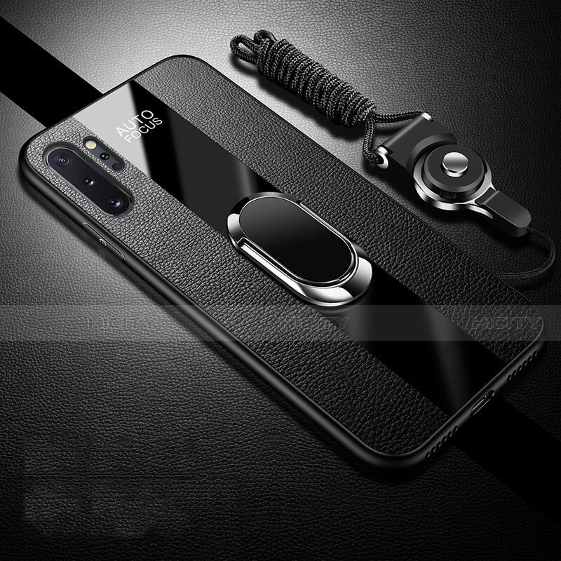 Coque Silicone Gel Motif Cuir Housse Etui avec Support Bague Anneau Aimante Magnetique T02 pour Samsung Galaxy Note 10 Plus 5G Noir Plus