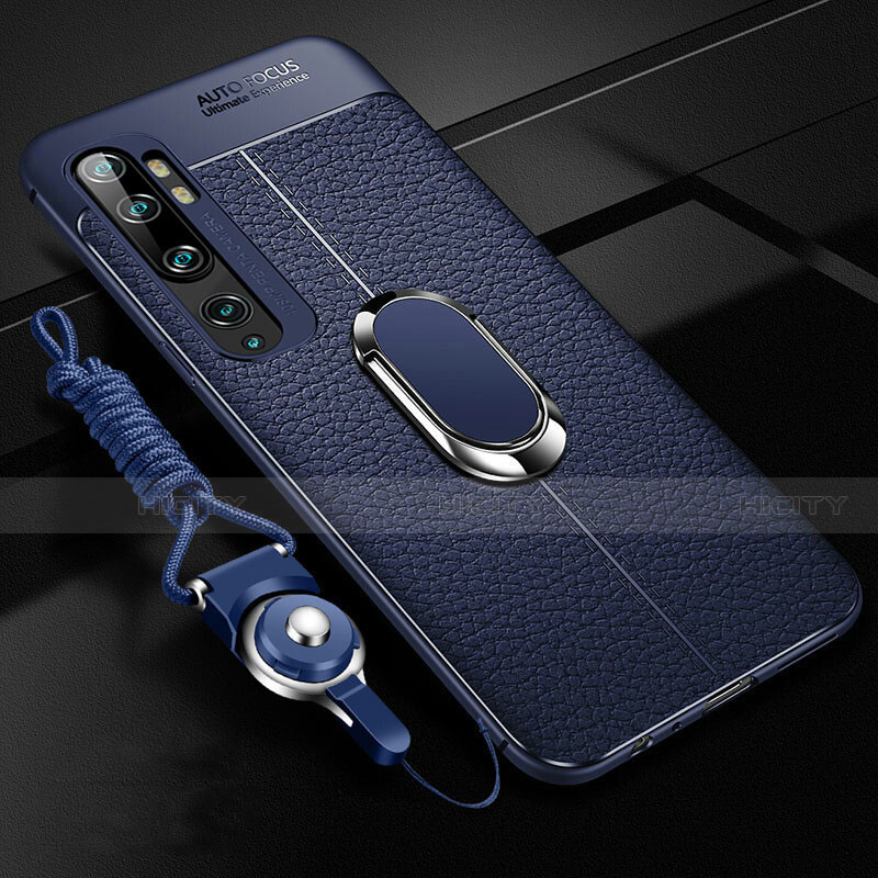 Coque Silicone Gel Motif Cuir Housse Etui avec Support Bague Anneau Aimante Magnetique T02 pour Xiaomi Mi Note 10 Bleu Plus