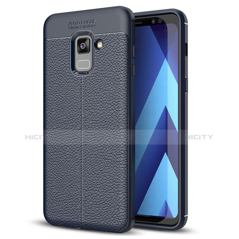 Coque Silicone Gel Motif Cuir Housse Etui pour Samsung Galaxy A8+ A8 Plus (2018) A730F Bleu Plus