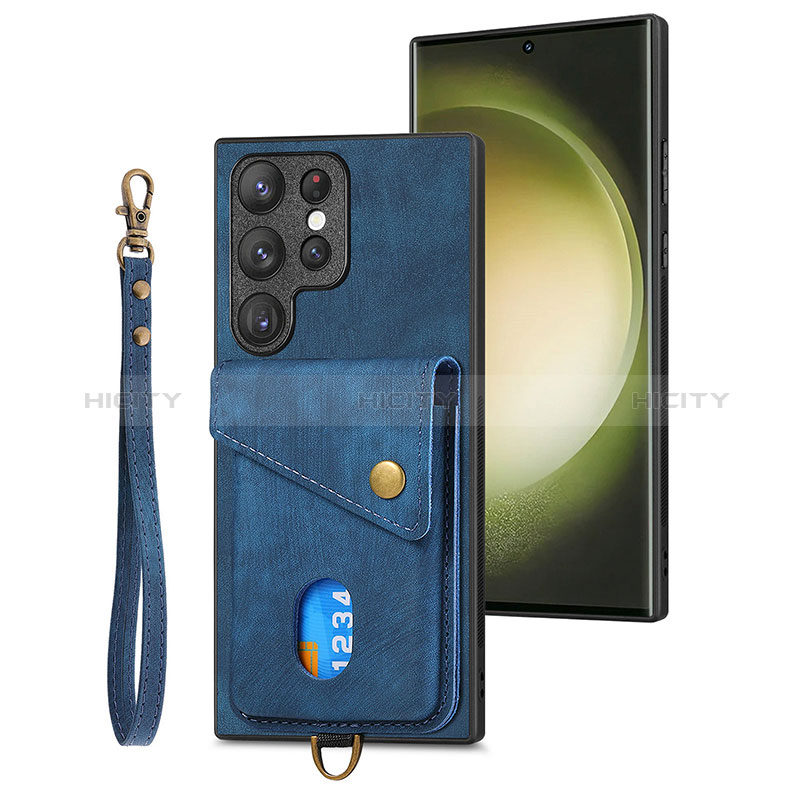 Coque Silicone Gel Motif Cuir Housse Etui SD2 pour Samsung Galaxy S22 Ultra 5G Bleu Plus
